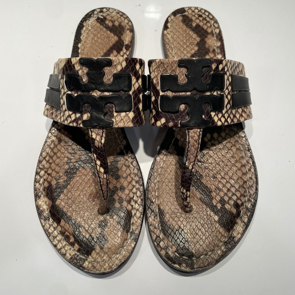 Tory Burch Miller Snake Embossed Leather Thong Sandals Black Tan 5.5M 8099
